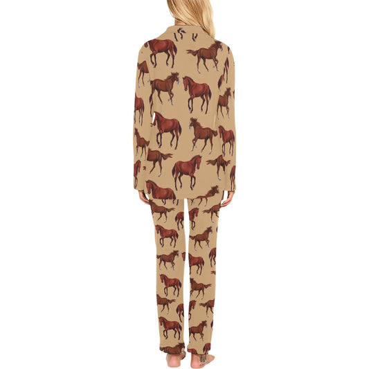 Brown Horse Print Pattern Women's Long Pajama Set