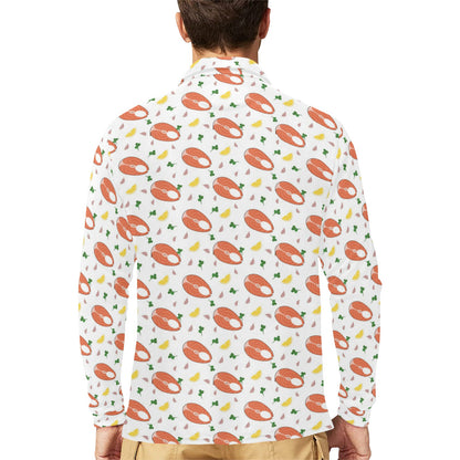 Salmon Steak Print Design LKS303 Long Sleeve Polo Shirt For Men's