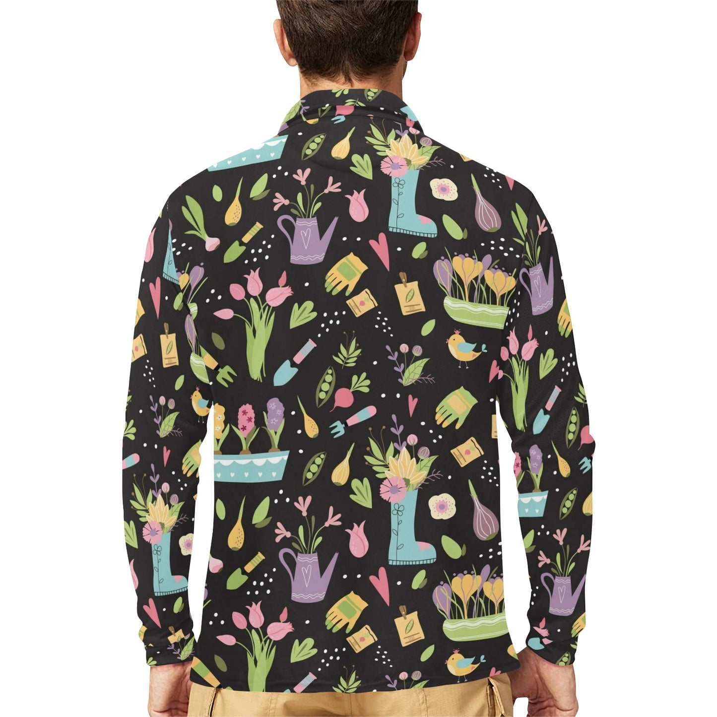 Gardening Pattern Print Design G03 Long Sleeve Polo Shirt For Men's