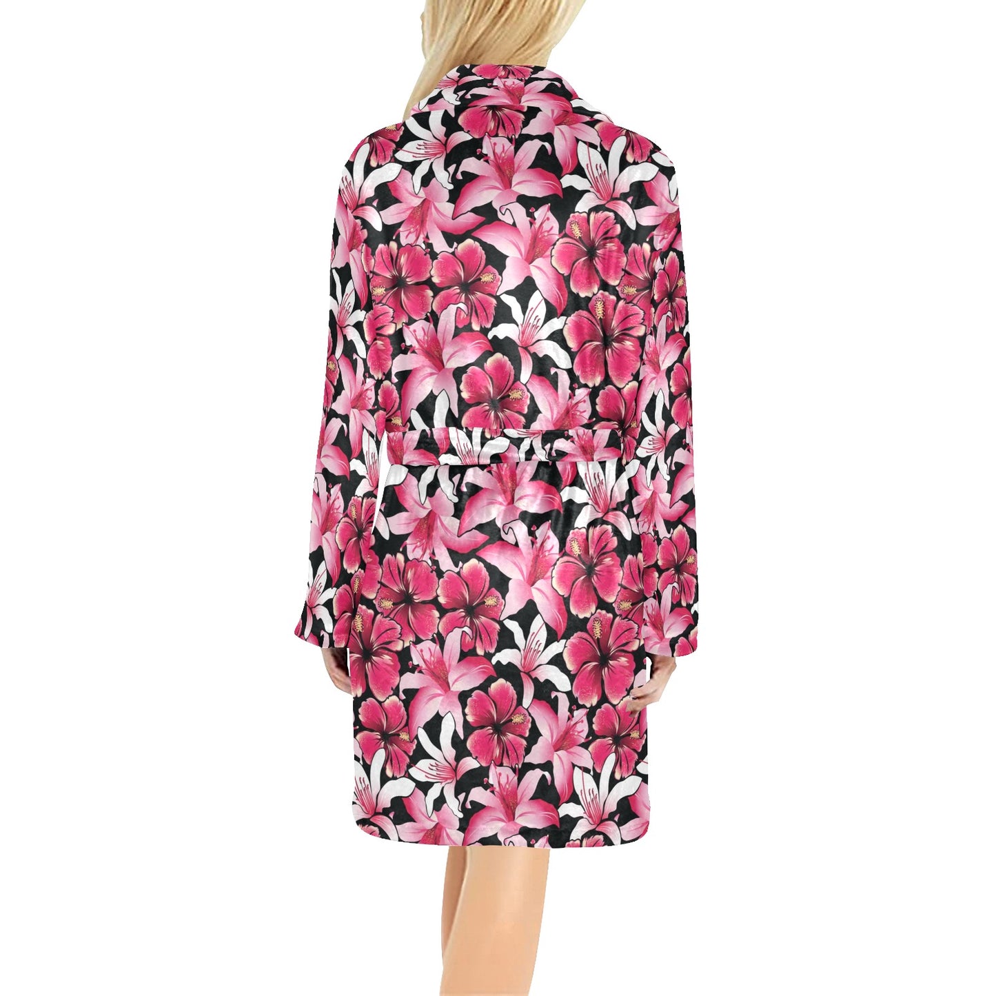 Flower Hawaiian Pink Red Hibiscus Print Women's Fleece Robe