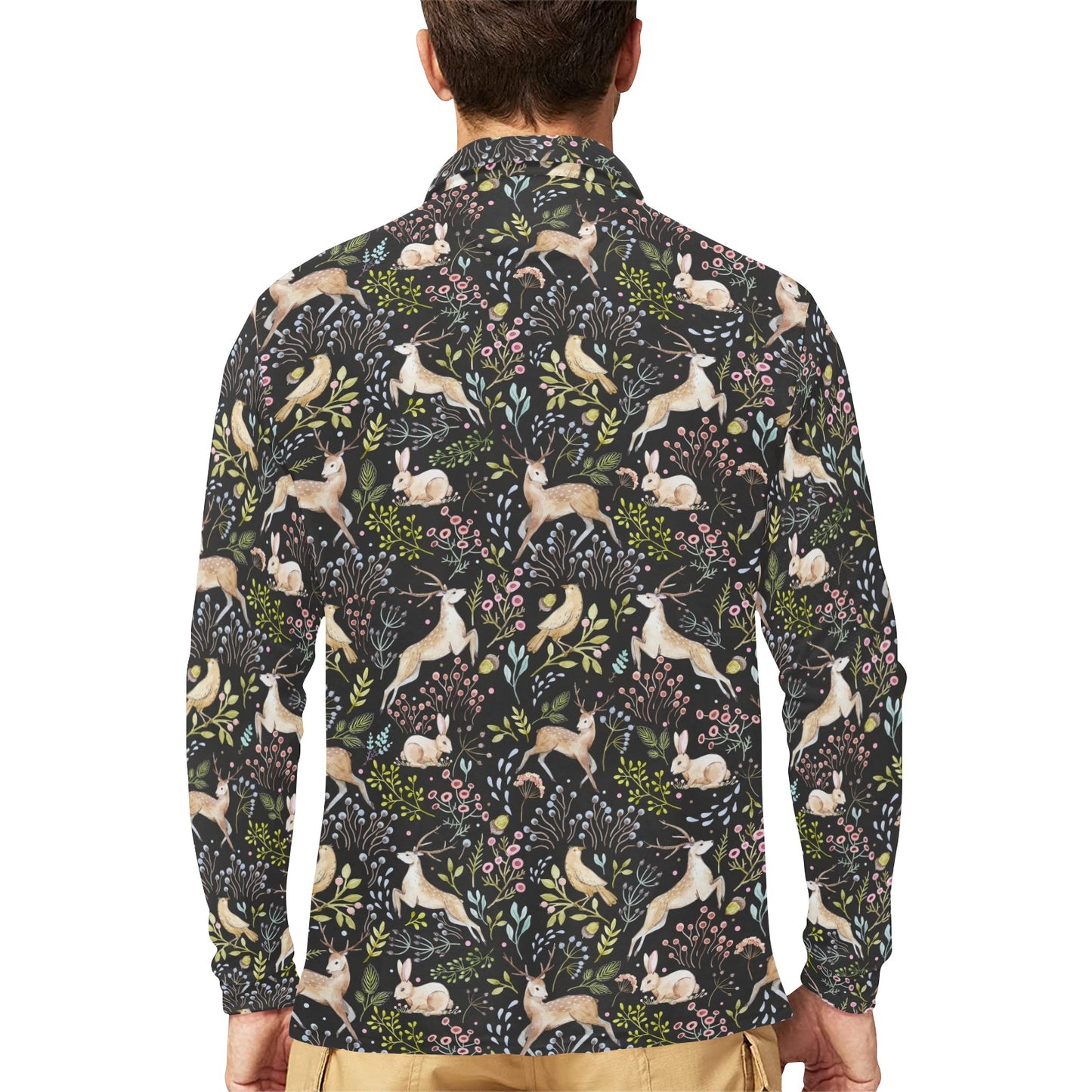 Deer Floral Jungle Long Sleeve Polo Shirt For Men's