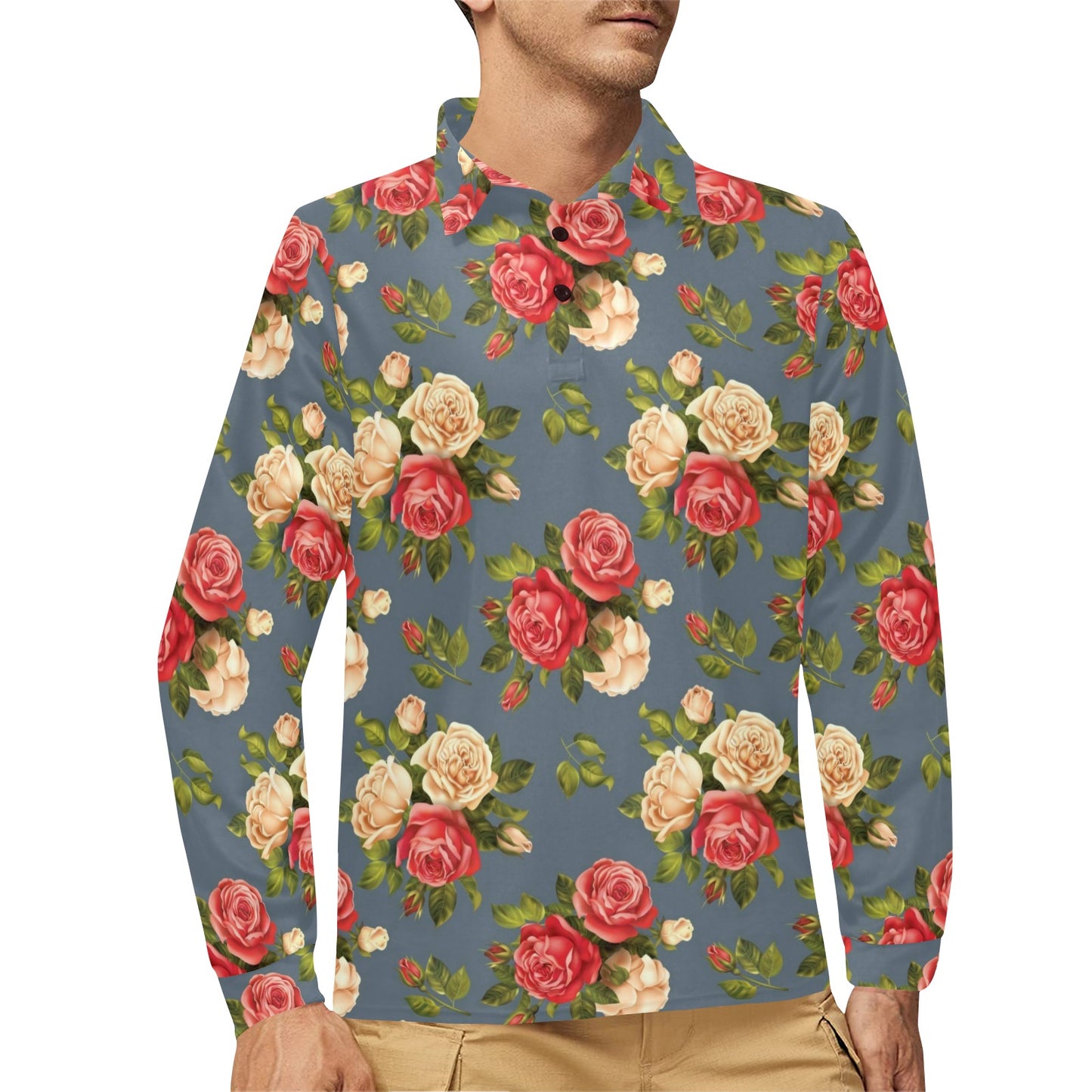 Rose Pattern Print Design RO017 Long Sleeve Polo Shirt For Men's