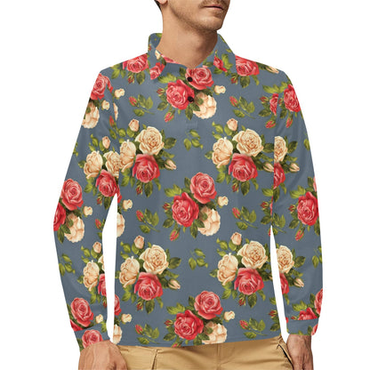 Rose Pattern Print Design RO017 Long Sleeve Polo Shirt For Men's
