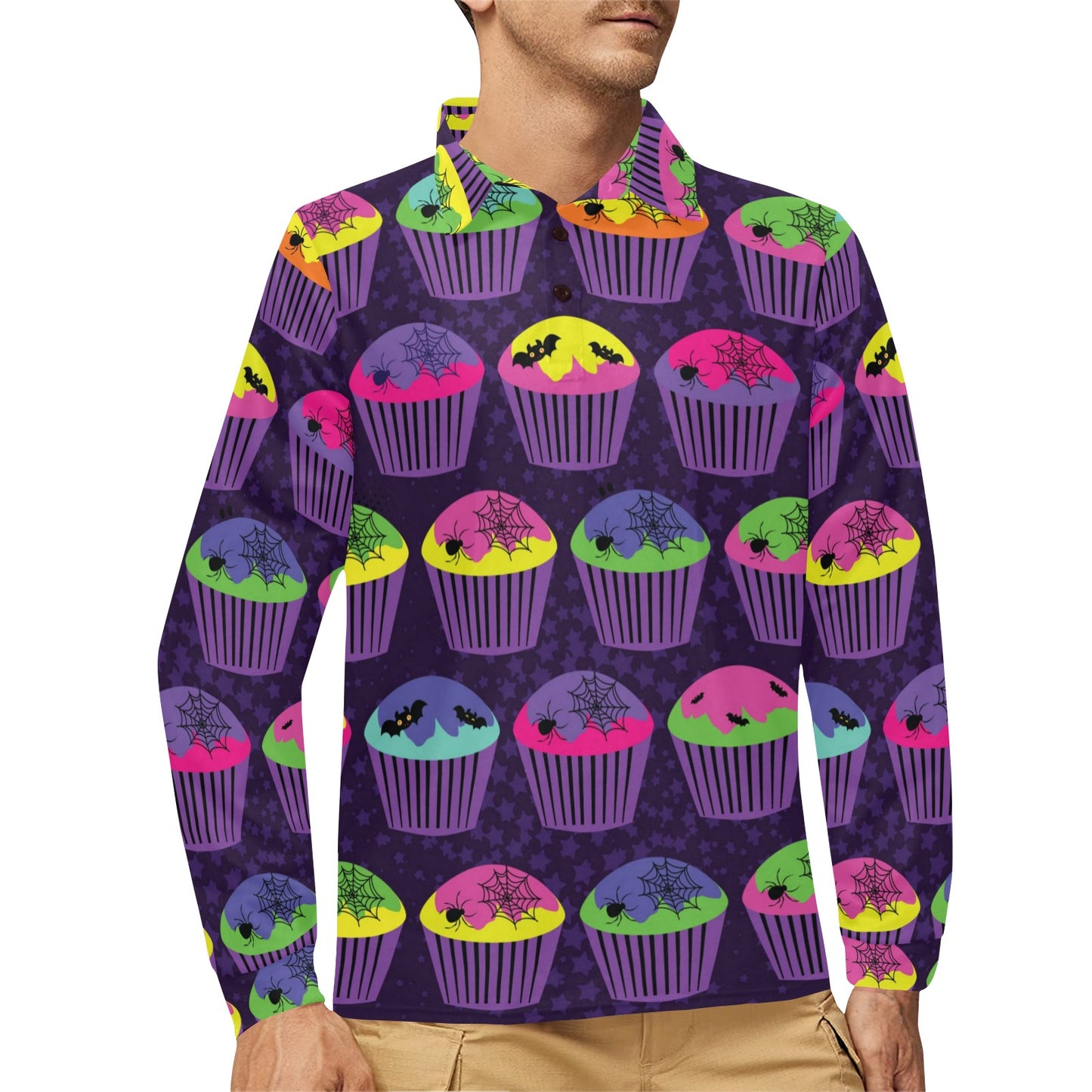 CupCake Halloween Long Sleeve Polo Shirt For Men's