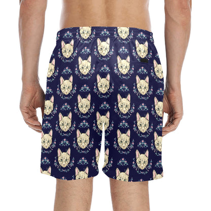 Cat Head with flower Print Pattern Men's Swim Trunks Beach Shorts