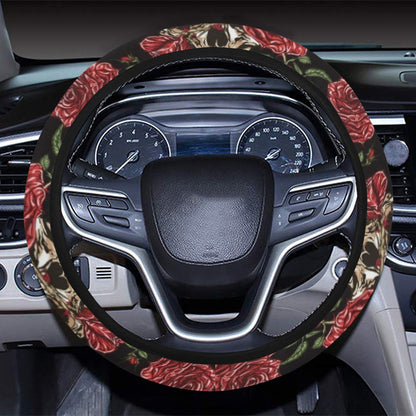 Skull And Roses Print Design LKS303 Steering Wheel Cover with Elastic Edge