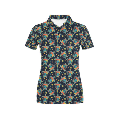 Sea Turtle Colorful with bubble Print Women's Polo Shirt