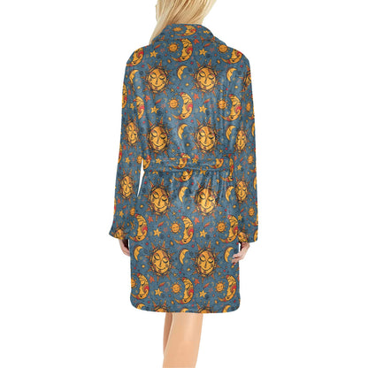 Celestial Moon Sun Pattern Print Design 02 Women's Fleece Robe