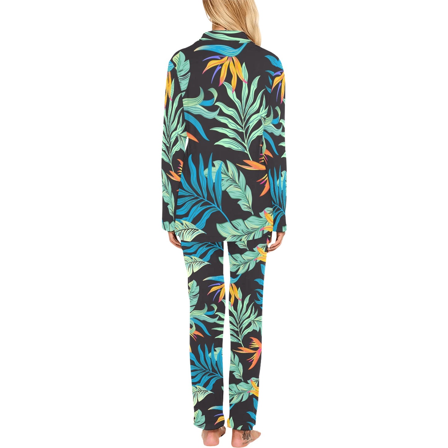 Tropical Palm Leaves Hawaiian Flower Women's Long Pajama Set