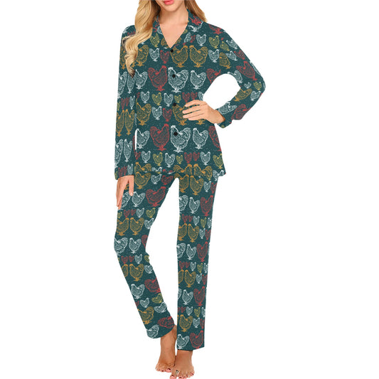 Rooster Hand Draw Design Women's Long Pajama Set