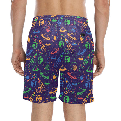 UFO Space Rocket Print Design LKS302 Men's Swim Trunks Beach Shorts
