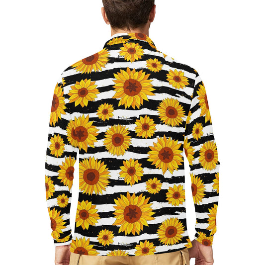 Sunflower Pattern Print Design SF010 Long Sleeve Polo Shirt For Men's