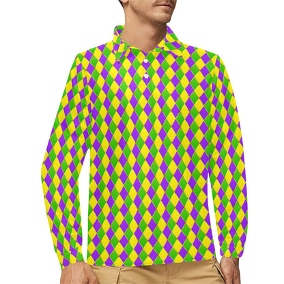 Mardi Gras Pattern Print Design 01 Long Sleeve Polo Shirt For Men's