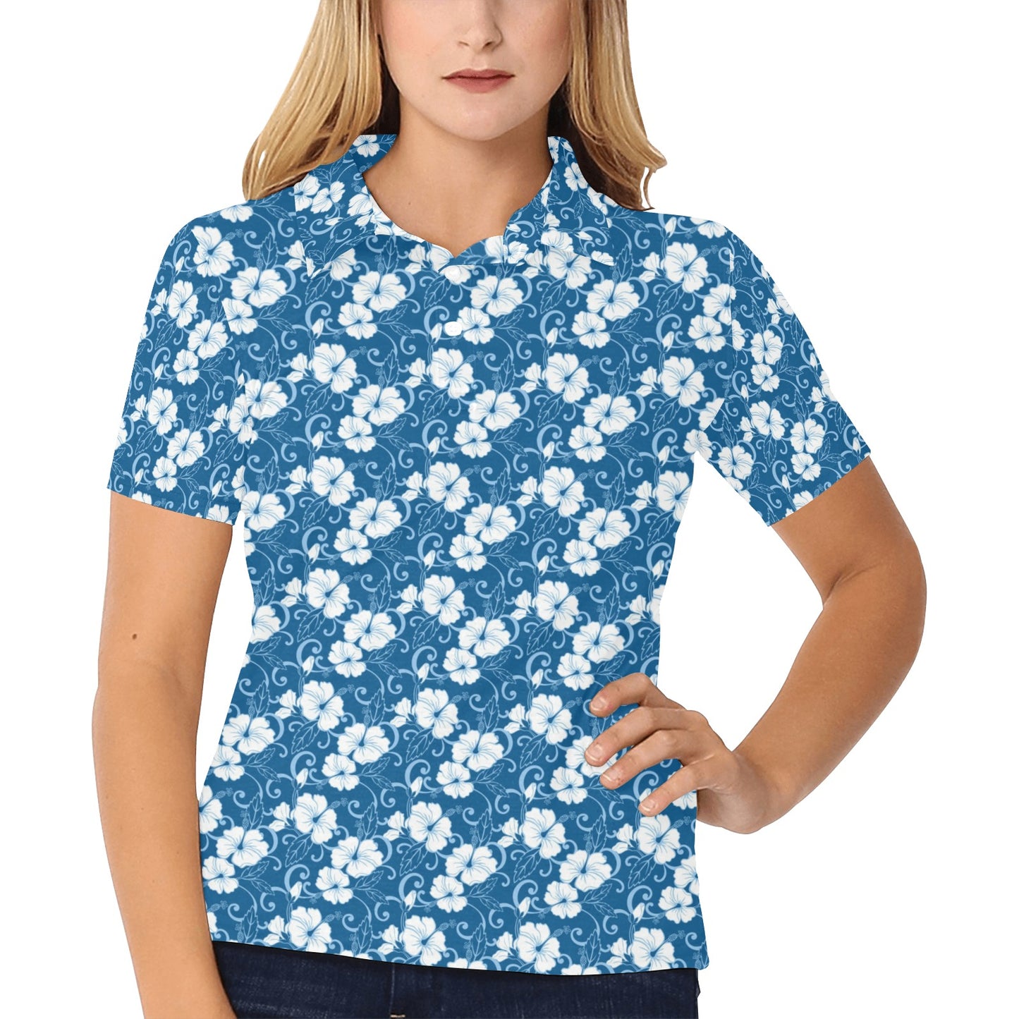 Hibiscus Blue Flower Hawaiian Print Women's Polo Shirt