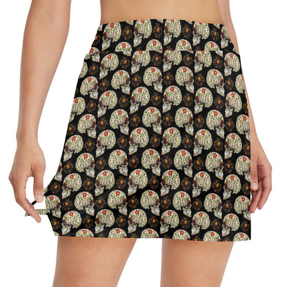 Sugar Skull Flower Design Themed Print 17" Golf & Pickleball Skort with Pockets