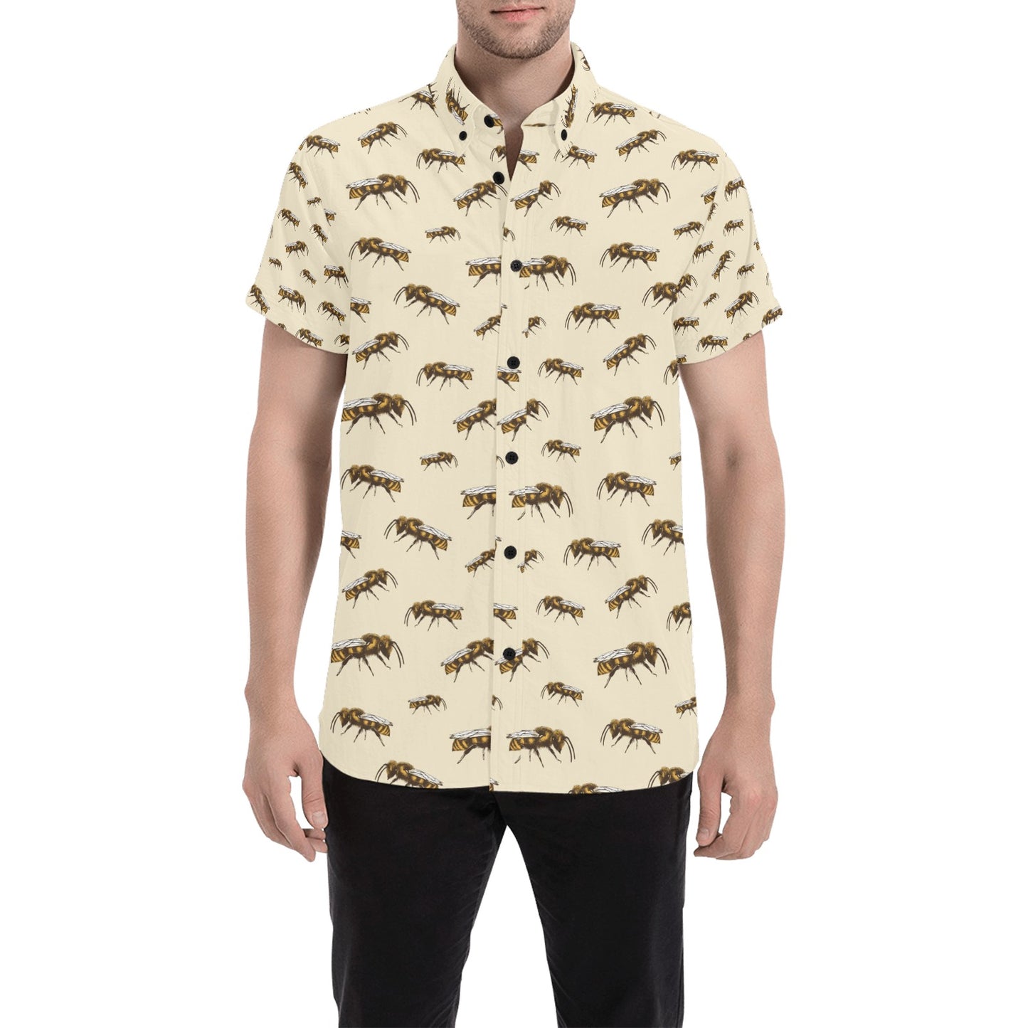 Bee Print Design LKS306 Men Short Sleeve Button Up Shirt