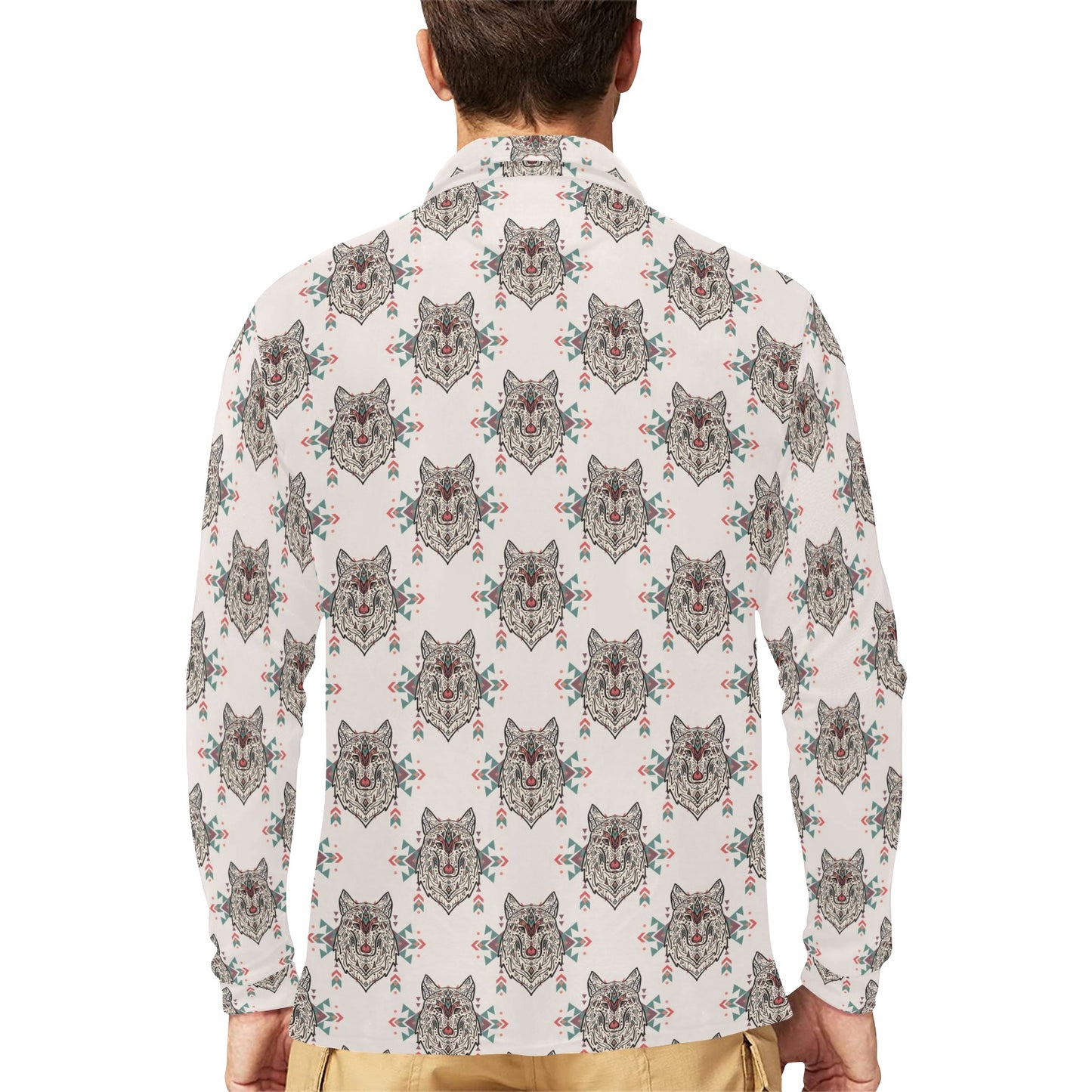 Aztec Wolf Pattern Print Design 01 Long Sleeve Polo Shirt For Men's