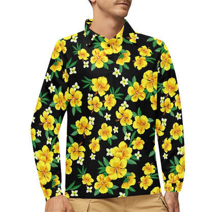 Yellow Hibiscus Pattern Print Design HB08 Long Sleeve Polo Shirt For Men's