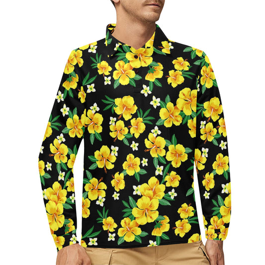 Yellow Hibiscus Pattern Print Design HB08 Long Sleeve Polo Shirt For Men's