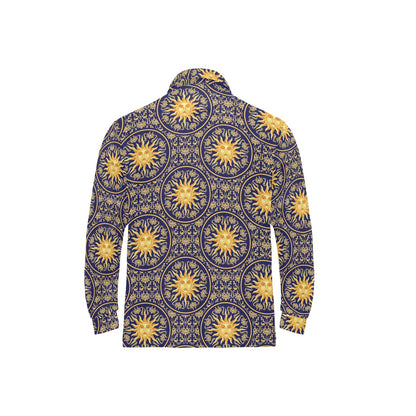 Celestial Gold Sun Face Long Sleeve Polo Shirt For Men's