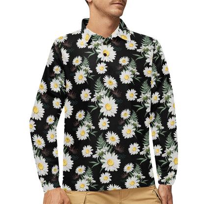 Daisy Pattern Print Design DS07 Long Sleeve Polo Shirt For Men's