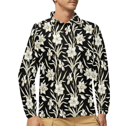Daffodils Pattern Print Design DF06 Long Sleeve Polo Shirt For Men's