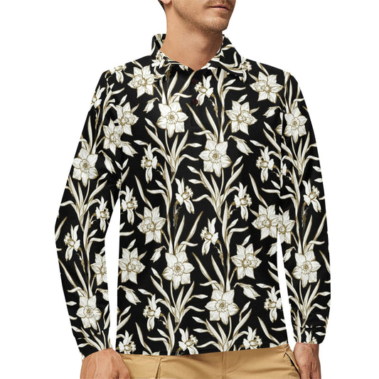 Daffodils Pattern Print Design DF06 Long Sleeve Polo Shirt For Men's