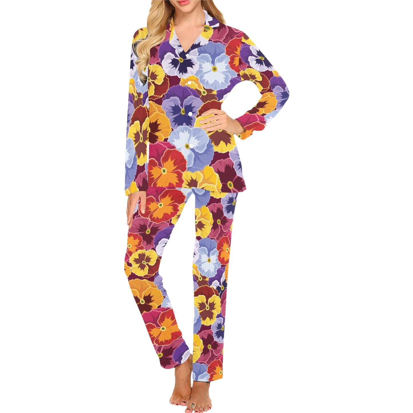 Pansy Pattern Print Design PS01 Women's Long Pajama Set
