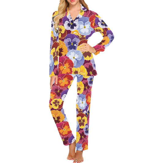 Pansy Pattern Print Design PS01 Women's Long Pajama Set