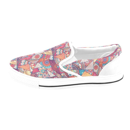 Patchwork Print Design LKS401 White Slip Ons Canvas Women's Shoes