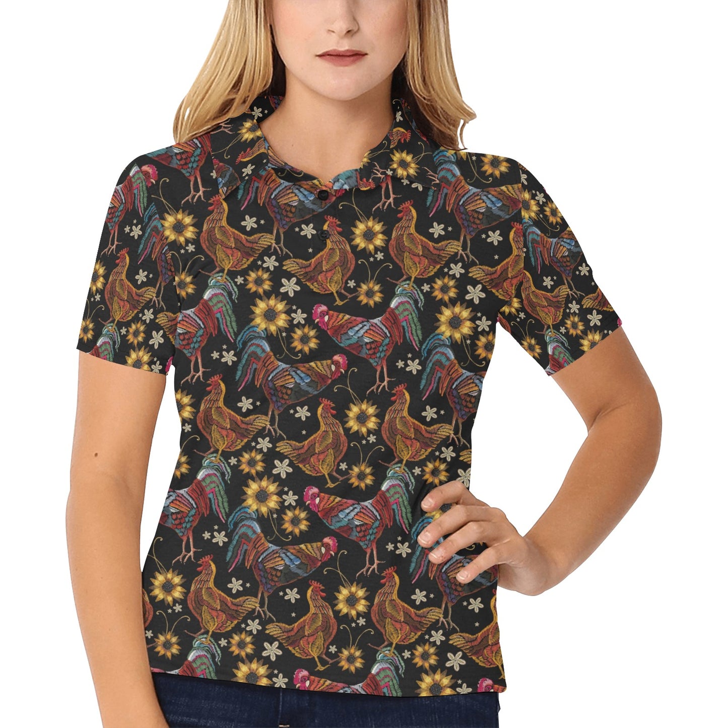 Chicken Embroidery Style Women's Polo Shirt