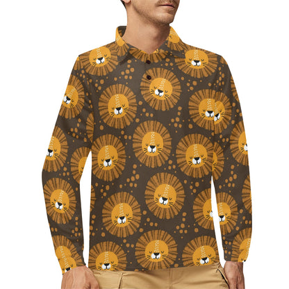 Lion Cartoon Pattern Print Design 01 Long Sleeve Polo Shirt For Men's