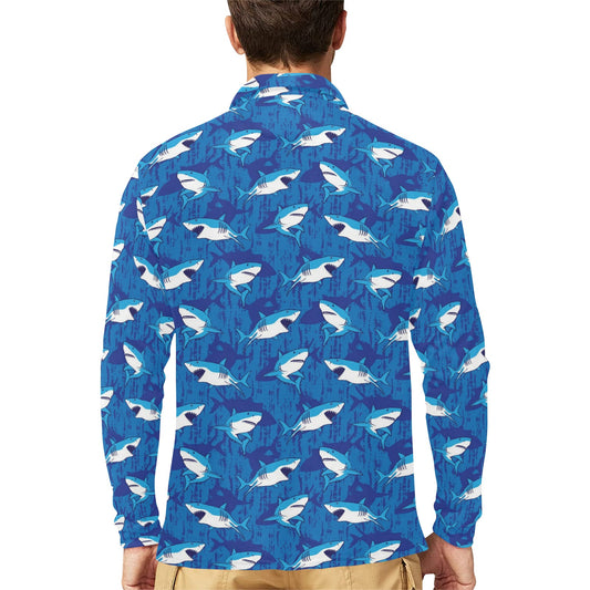 Shark Print Design LKS308 Long Sleeve Polo Shirt For Men's
