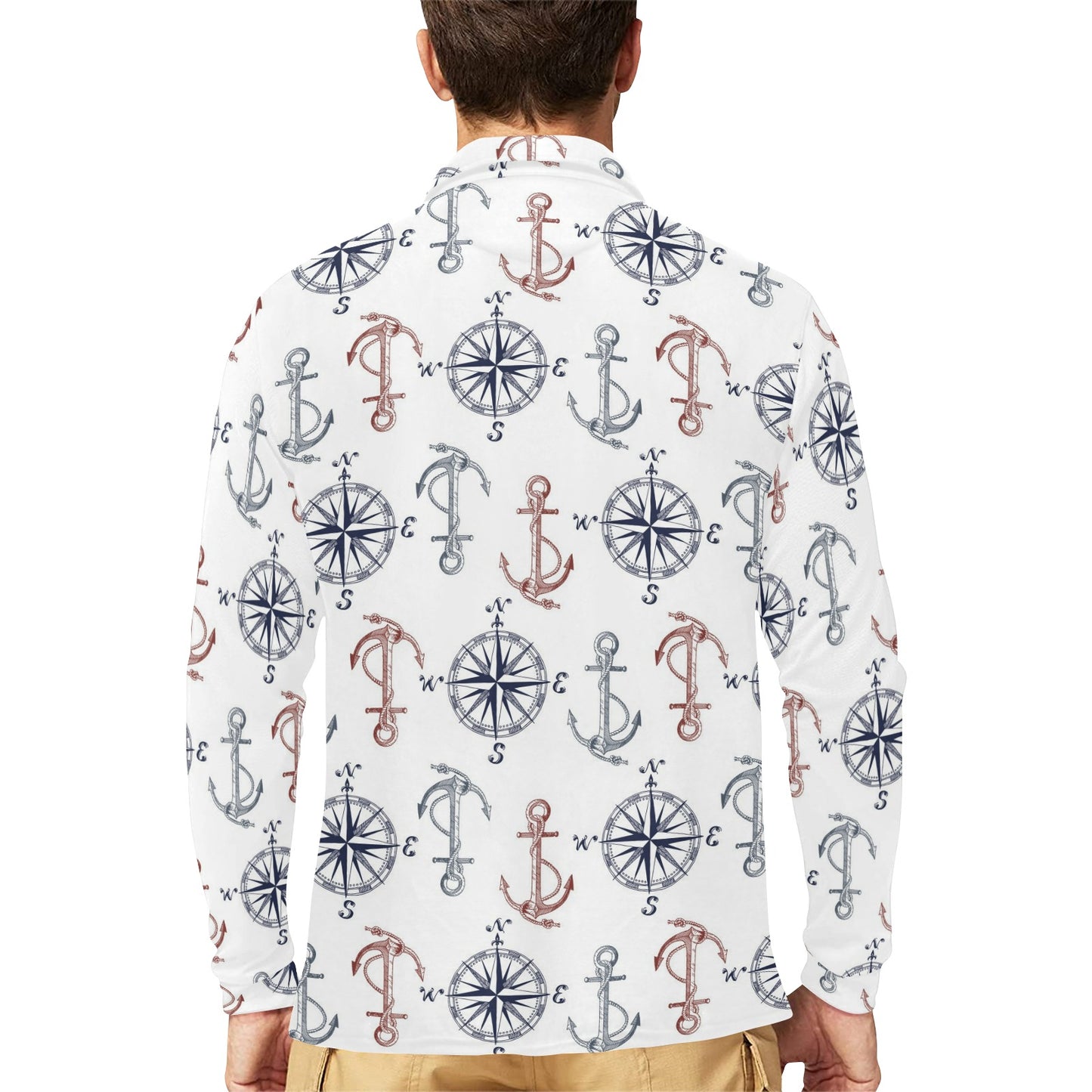 Anchor Pattern Print Design 06 Long Sleeve Polo Shirt For Men's
