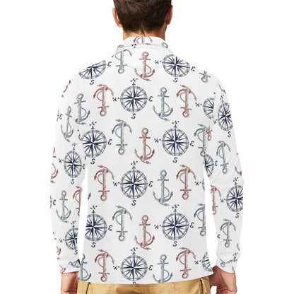 Anchor Pattern Print Design 06 Long Sleeve Polo Shirt For Men's