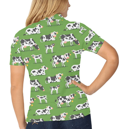Cow Happy Print Pattern Women's Polo Shirt