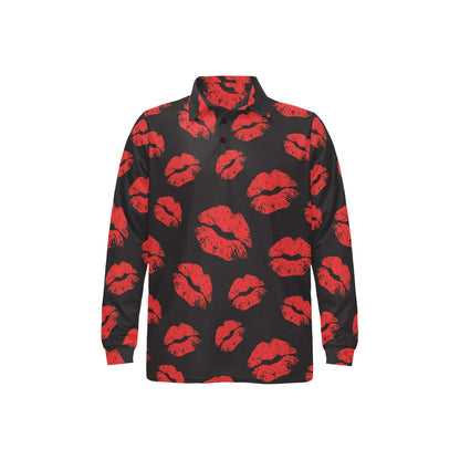 Lip Red Pattern Print Design 02 Long Sleeve Polo Shirt For Men's