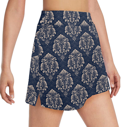 Damask Blue Luxury Print Pattern 17" Golf & Pickleball Skort with Pockets