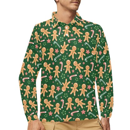 Gingerbread Pattern Print Design 04 Long Sleeve Polo Shirt For Men's