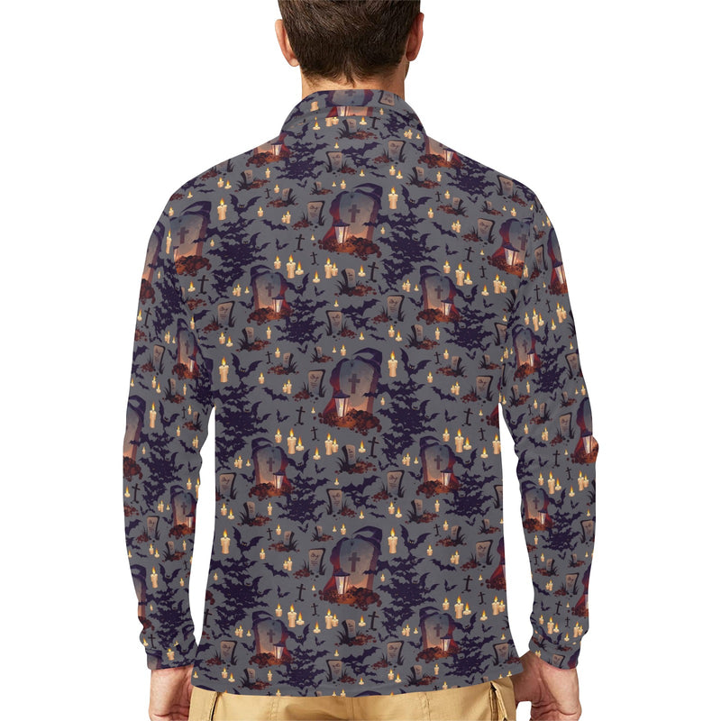 Creepy Graveyard Print Design LKS301 Long Sleeve Polo Shirt For Men's