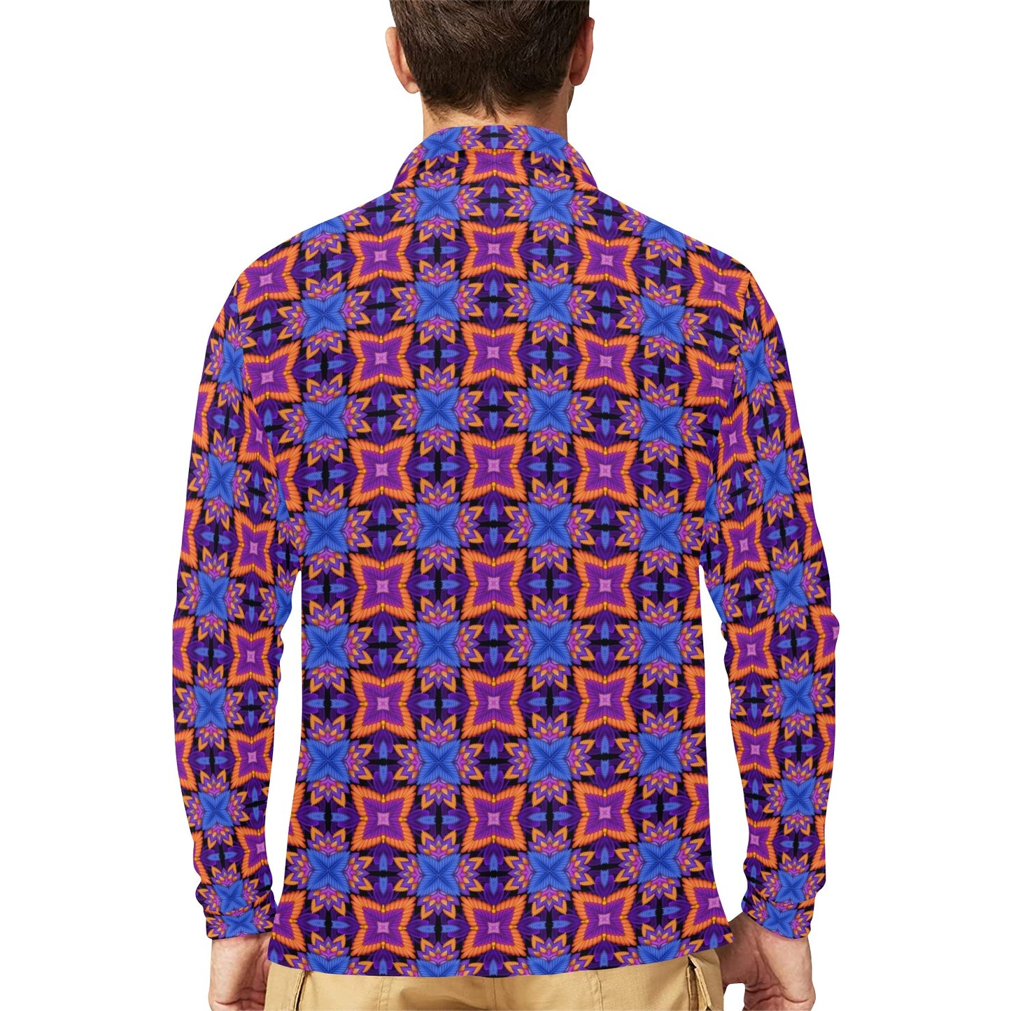 kaleidoscope Purple Orange Print Design Long Sleeve Polo Shirt For Men's