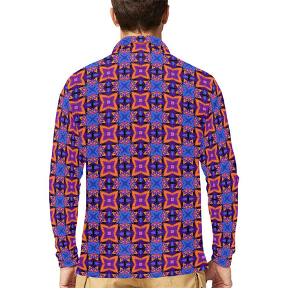 kaleidoscope Purple Orange Print Design Long Sleeve Polo Shirt For Men's