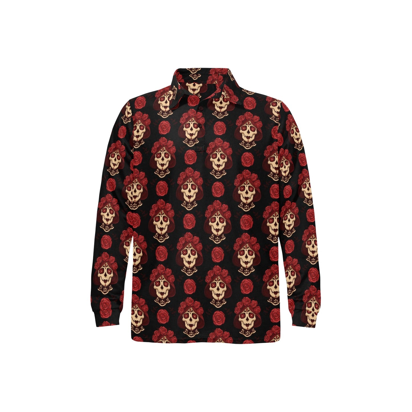 Day of the Dead Skull Girl Pattern Long Sleeve Polo Shirt For Men's