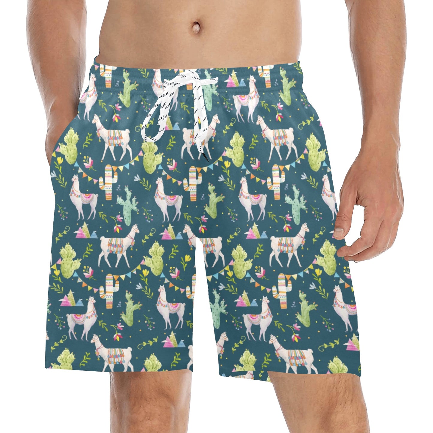 Llama with Cactus Design Print Men's Swim Trunks Beach Shorts