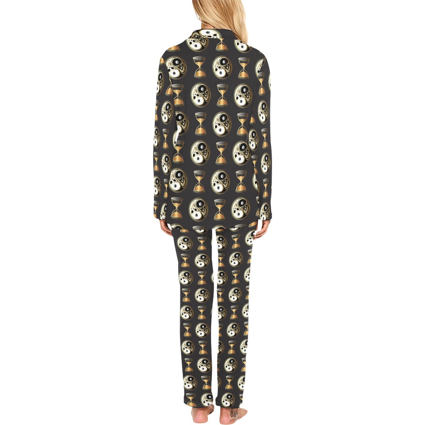 Yin Yang Skull Themed Design Print Women's Long Pajama Set