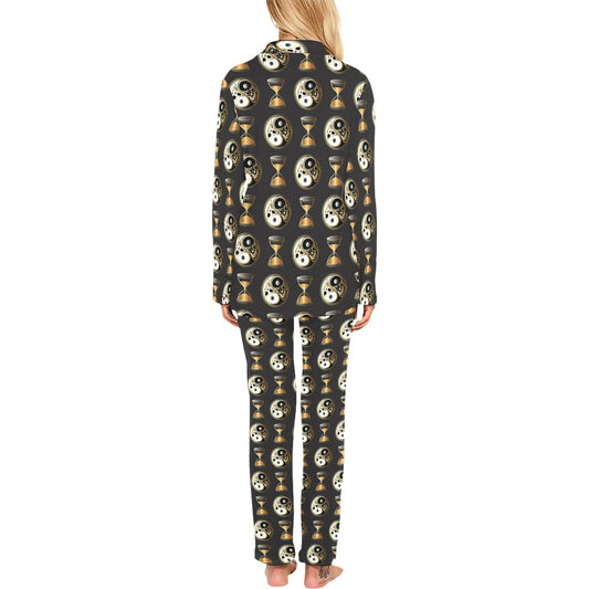 Yin Yang Skull Themed Design Print Women's Long Pajama Set