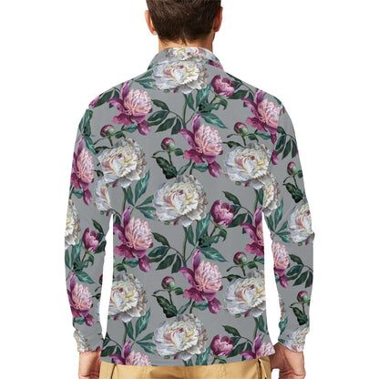 Peony Pattern Print Design PE01 Long Sleeve Polo Shirt For Men's
