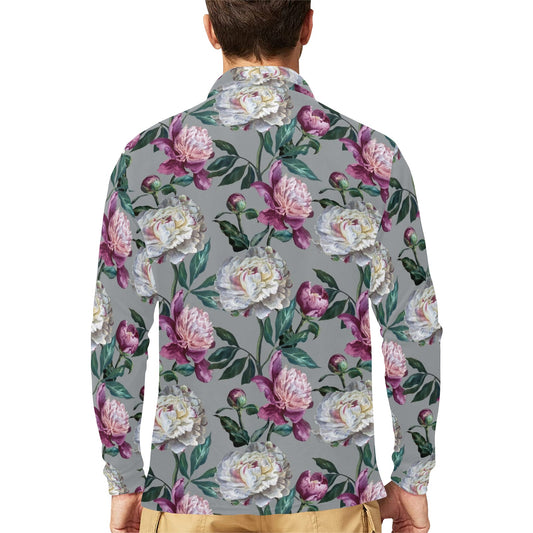 Peony Pattern Print Design PE01 Long Sleeve Polo Shirt For Men's