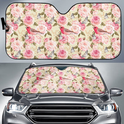 Bird Butterfly Pink Flower Print Pattern Car Sun Shade For Windshield