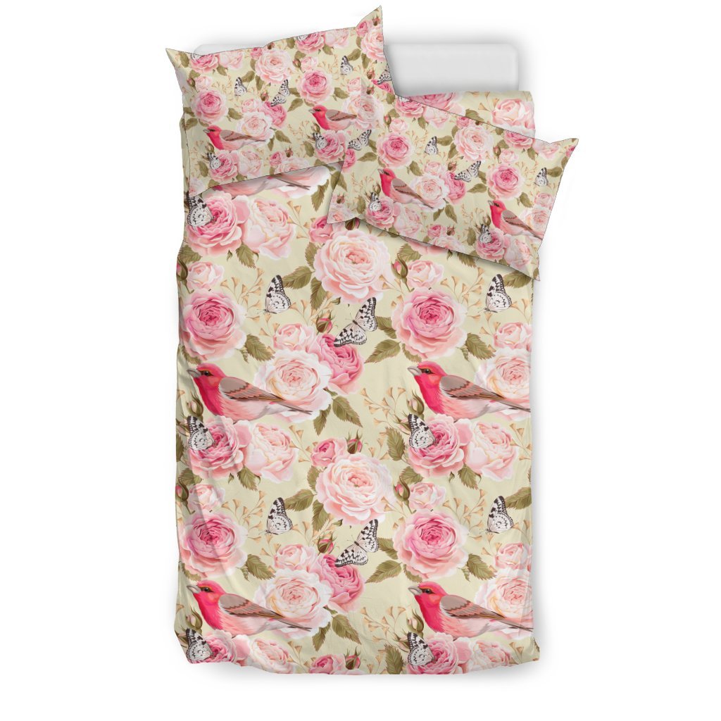 Bird Butterfly Pink Flower Print Pattern Duvet Cover Bedding Set
